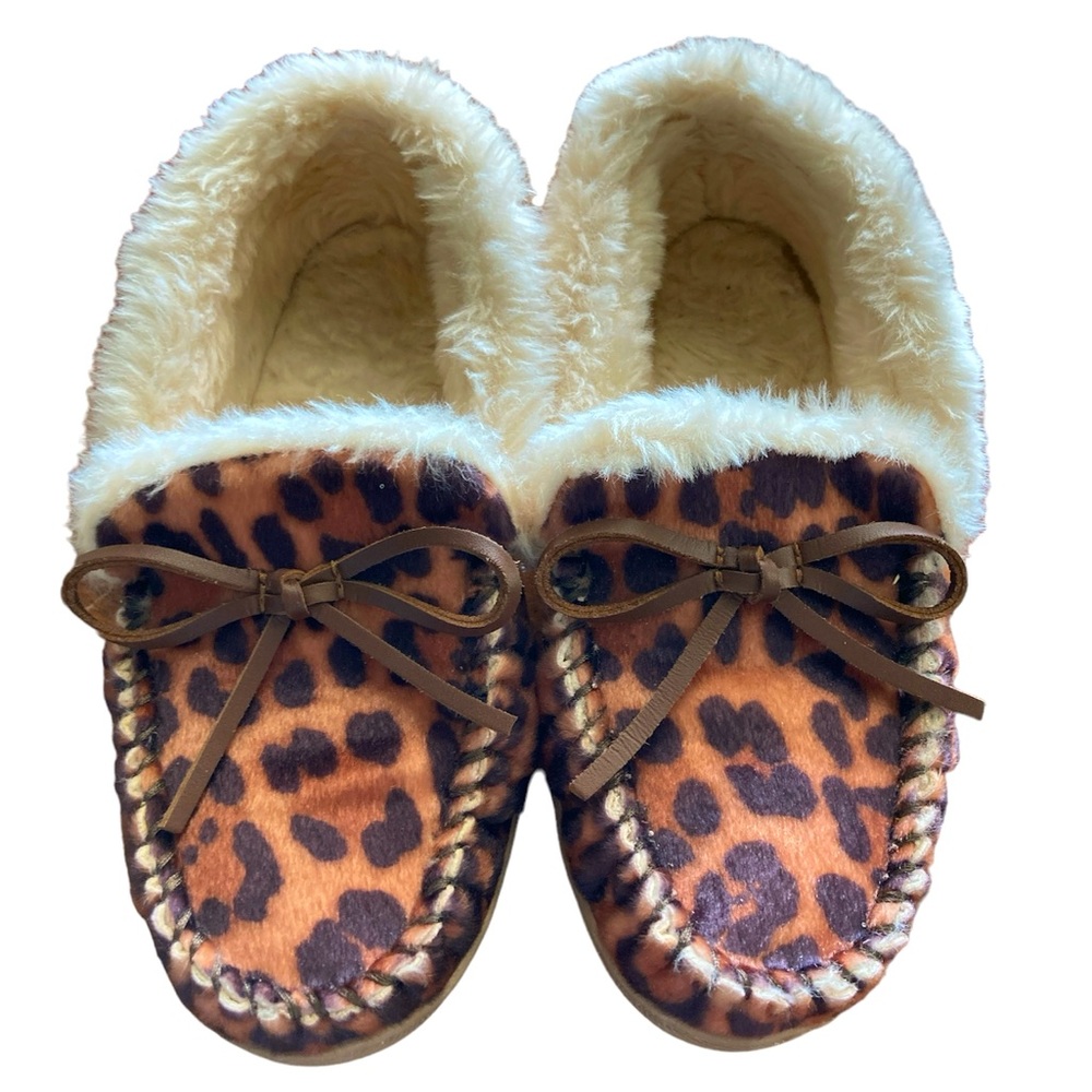 J. Crew Slippers Sherpa Lined Slip On Rubber Soles Cozy Warm Leopard Print Sz 8